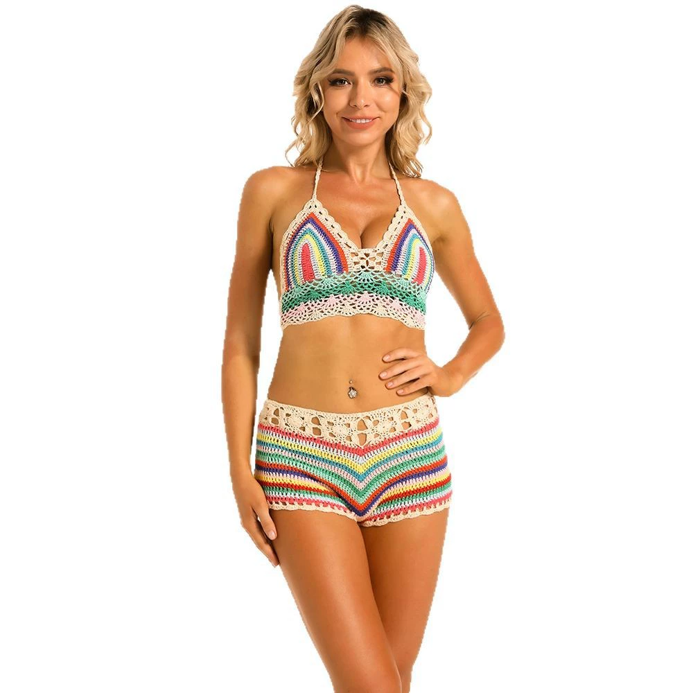 Spot Foreign Trade Cross-Bridge Handmade Crochet Shorts Bikini Swimsuit Color Crochet Bikini