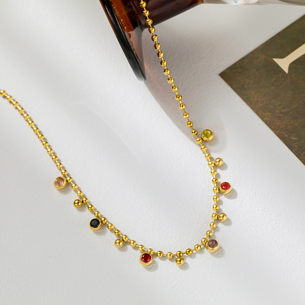 Artificial Rhinestones Inlay Material Necklace Classification 304 Stainless Steel Chain Material 18K Gold Plating Color PVD Coated Real Gold Plated 18K Gold Round 304 Stainless Steel Retro Simple Style Waterproof Non Tarnish 304 Stainless Steel Necklace