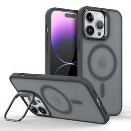 适用苹果15Pro手机壳iPhone14Promax带镜头支架保护套肤感磁吸壳