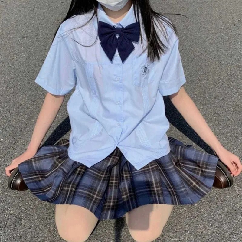 (2개) XIAOLAN의 반팔 아코디언 주름 아쿠아 셔츠 여름 JK 유니폼 일본 대학 스타일 여성용 자수 흰색 셔츠