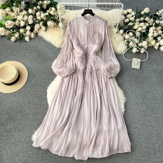 New Korean-style Lantern Long-sleeved Collar Waist Slimming Pleated A- Shaped Sequin dress Seaside Holiday Long Skirt