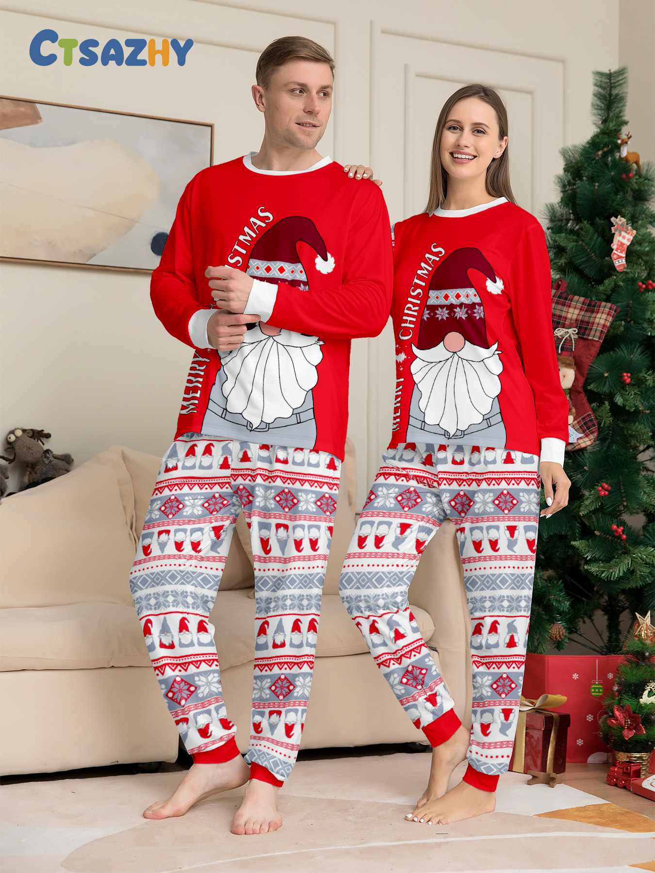 Božićne pidžame s printom Djeda Mraza i pahuljica, obiteljsko odijelo_voghion.com