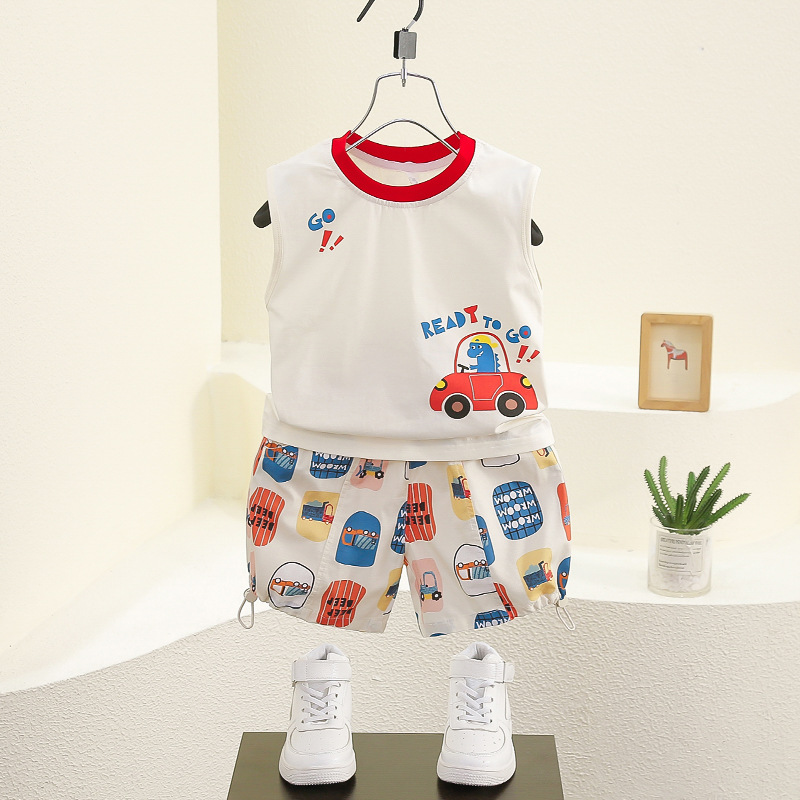 7822 Traje de chaleco de verano para niños 2025 nuevo chaleco de dibujos animados para bebés pantalones cortos para bebés ropa para niños delgada