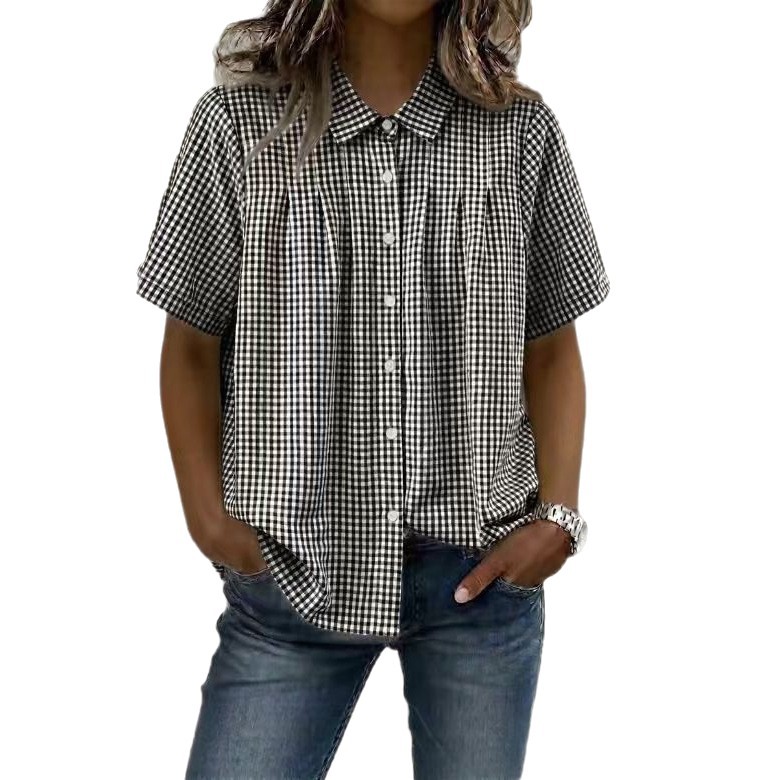 Women's Clothing Summer Women's Plaid Short Sleeve Shirt Casual Lapel Fashionable Versatile Style Top For Formal & Casual For Women_ecoleips.com