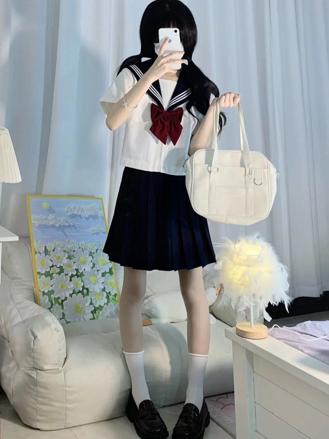 正規版オリジナルJK制服紺三本小衆基礎金長半袖シャツ着セットキャンパス風セーラー服