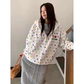 波点撞色印花连帽卫衣女秋冬加绒宽松拉链外套慵懒风美式上衣潮牌