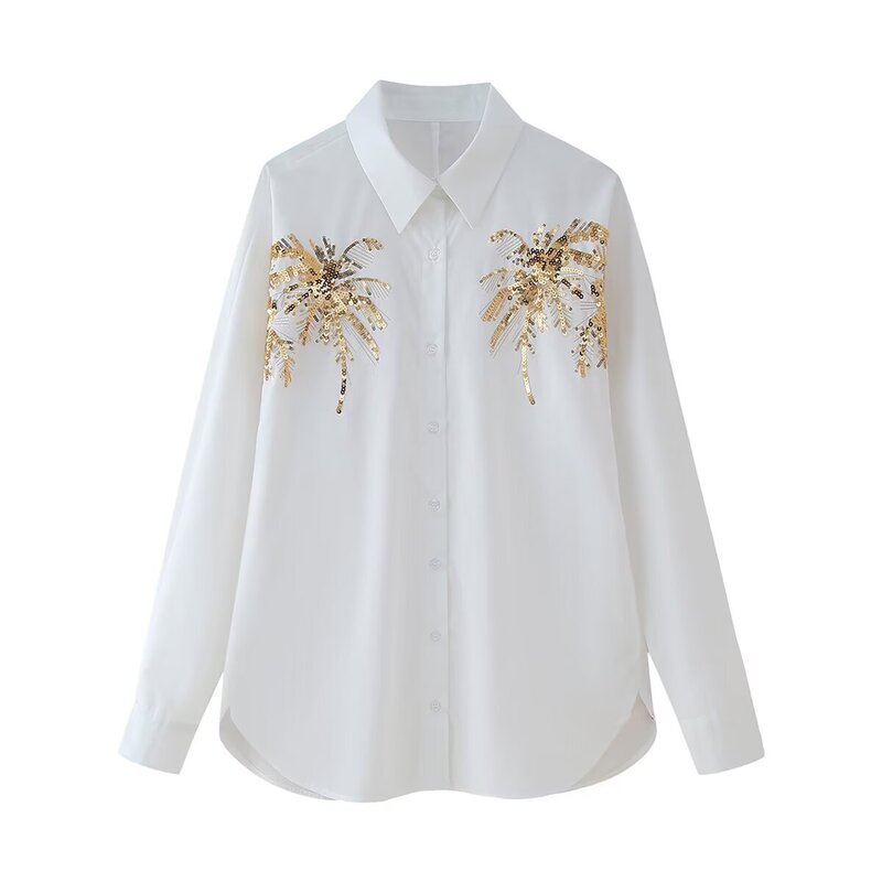 Summer New Women's Shirt Golden Bead Flower Long-sleeved Loose Shirt Stylike Design Sense Casual Top