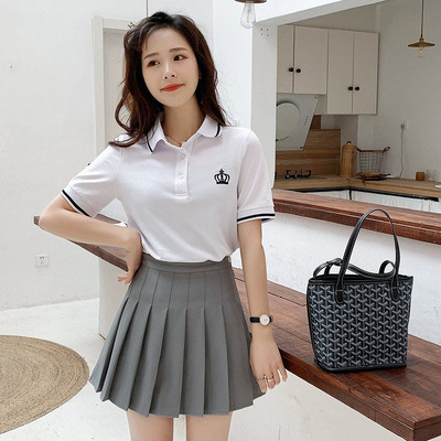 100棉夏季学院风翻领polo小清新幼师百搭白t恤高腰百褶短裙|ms