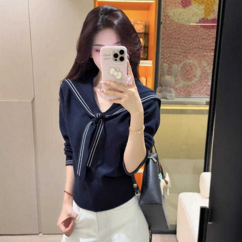 学院风海军领修身减龄针织长袖女2025秋季新款慵懒风披肩小上衣|undefined