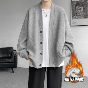 2024 new lamb cashmere cardigan sweater men's autumn and winter V collar fleece-lined padded long sleeve coat a generation of hair