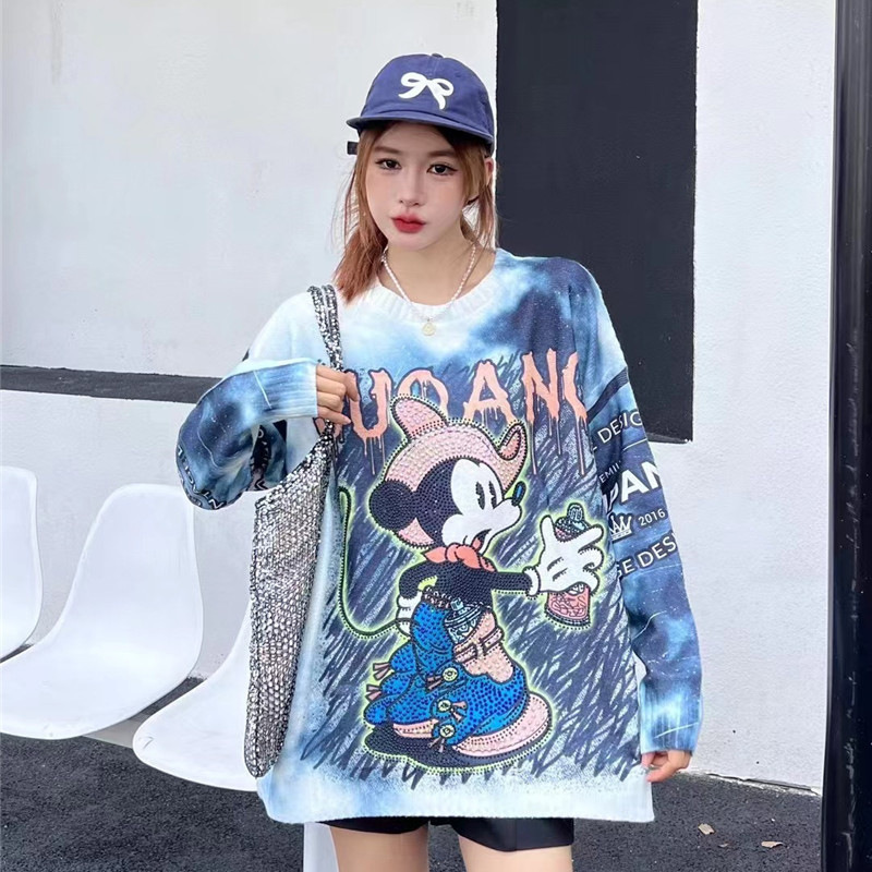 European and American Heavy Industry Fashion Brand Autumn Large Edition Knitted Sweater Women's Cartoon Mickey Printed Loose Slimming Mink Hair Top