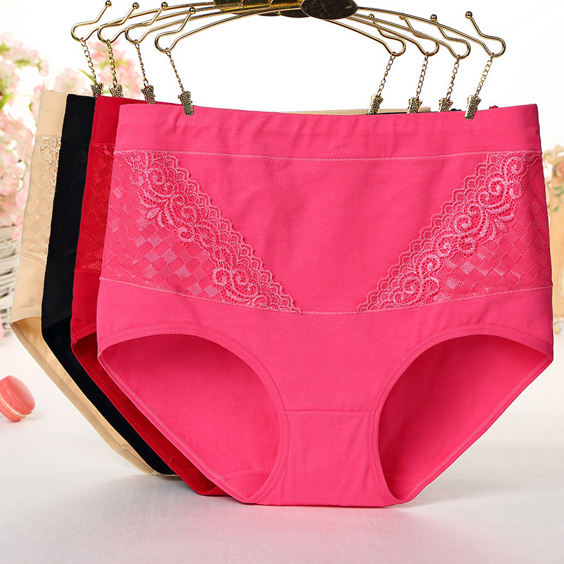 Women's Underwear, Multiple Sizes, Cotton, High-Waisted, Tummy Control, Hip-Lifting, Waist-Shaping, Lace-Trimmed Briefs for Middle-Aged and Elderly, Pure Cotton Crotch