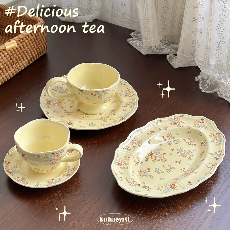 Ins風レトロロマンチック花高颜値陶磁器食器セット皿マグカップ結婚新居陶磁器ボウル|undefined