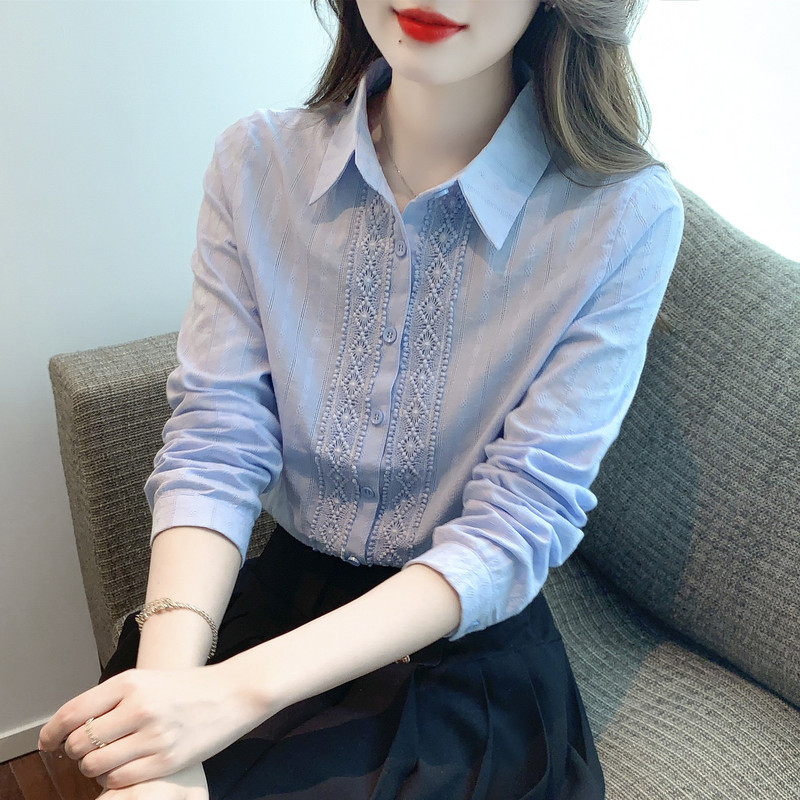 Spring Clothing 2025 New Women's Fashion Embroidered Cotton Shirt Women's Style Cotton Shirt Lace Splicing Top