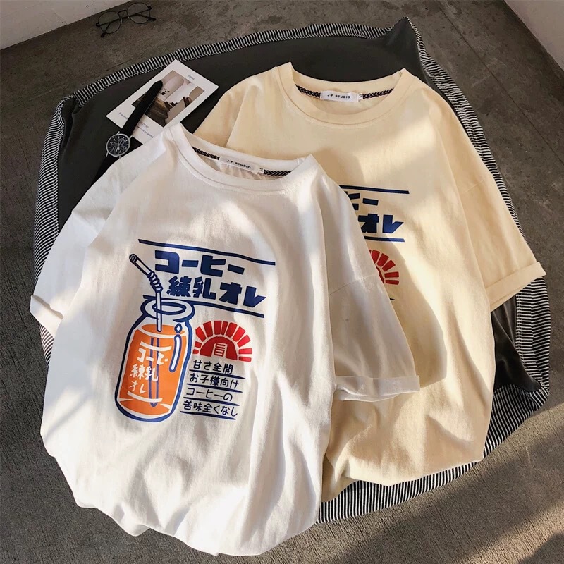 2026 Summer New Style Japanese Style Retro Coffee Print Loose Short-Sleeved T-Shirt for Women with Round Neck, Versatile Casual Couple Style