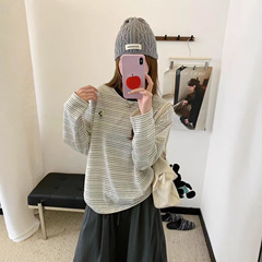 秋季新款韩版休闲时尚简约卡通刺绣条纹宽松长袖T恤打底衫女1326