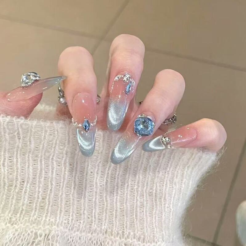 【Blue Ice Crystal】Blue Flashing Cat Eye Handmade Wearable Nails Pure Handmade Nail Pieces Medium Length Nail Stickers 【Blue Ice Crystal】Blue Flashing Cat Eye Handmade Wearable Nails Pure Handmade Nail Pieces Medium Length Nail Stickers