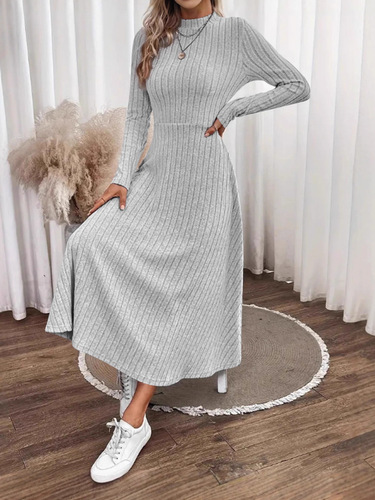 eBay Western and Eastern Autumn and Winter Fleece Pitted Striped Dress Fashion and Elegant Solid Color Round Neck Dress