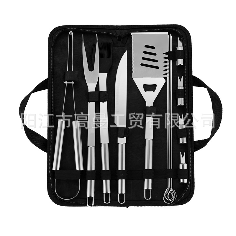 Juego de herramientas para barbacoa personalizado para comercio electrónico transfronterizo, exportación de fábrica, venta al por mayor, portátil, varios estilos, con bolsa de tela y asa pequeña.