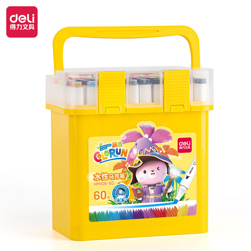 Deli HM106 serie triángulo varilla barril doble cabeza marcador a base de agua 12 colores 24 colores 36 colores 48 colores 60 niños
