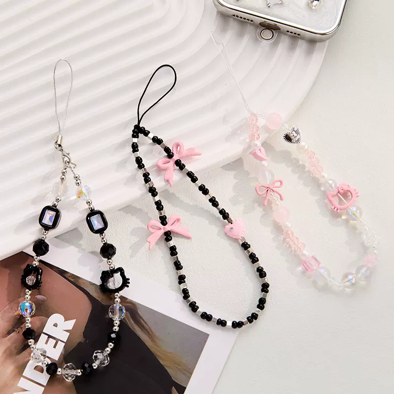 日韩系ins风kitty猫手机挂绳短款链条珠饰防丢ccd相机u盘耳机挂链