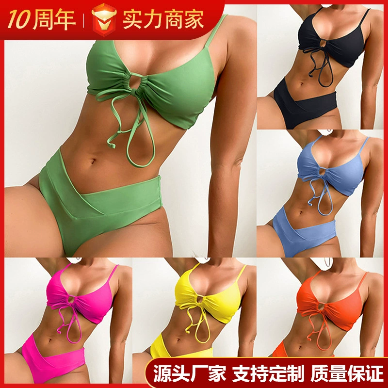 Новинка 2026 года: европейский и американский стиль, бикини Amazon для внешней торговли, однотонный, с завязками, сексуальный, раздельный купальник для женщин.