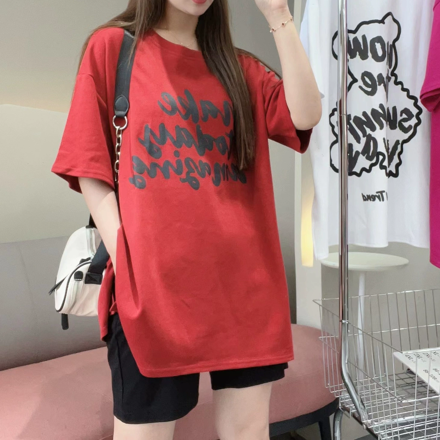 -新款夏季时尚显瘦甜美圆领印花休闲百搭宽松后背小熊字母纯色T恤