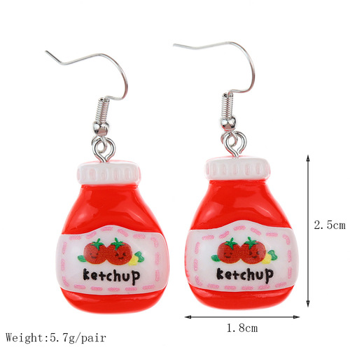 Japanese and Korean fun, simple, cute food toys, simulated seasoning sauce earrings, personalized creative childlike girl heart ear hook earrings
