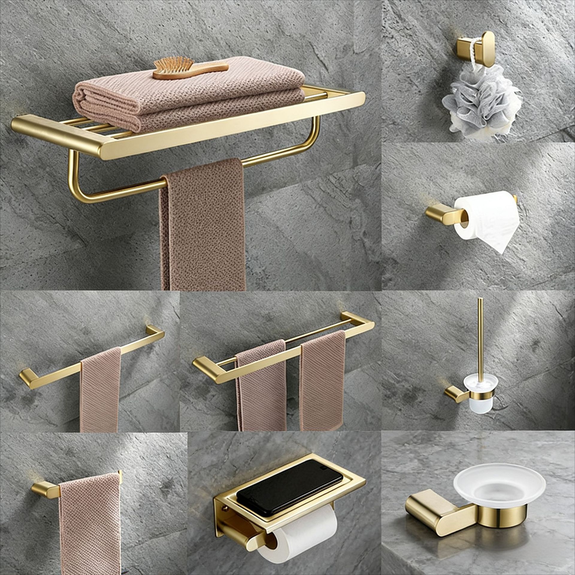 Brushed Gold Stainless Steel Towel Rack Bathroom Towel Rack Bathroom Toilet Bathroom Hardware Pendant Storage Rack Set