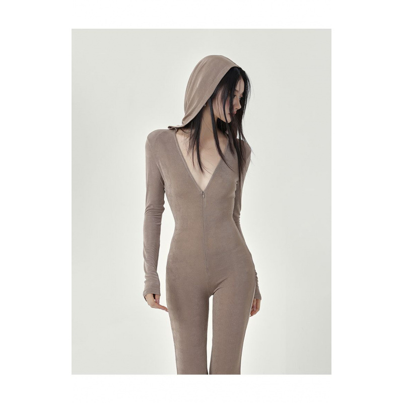 European and American Style Deep V Neck Elegant Long-Sleeved T-Shirt Women's Hooded Jumpsuit New Slim Fit Inner Flared Jumpsuit