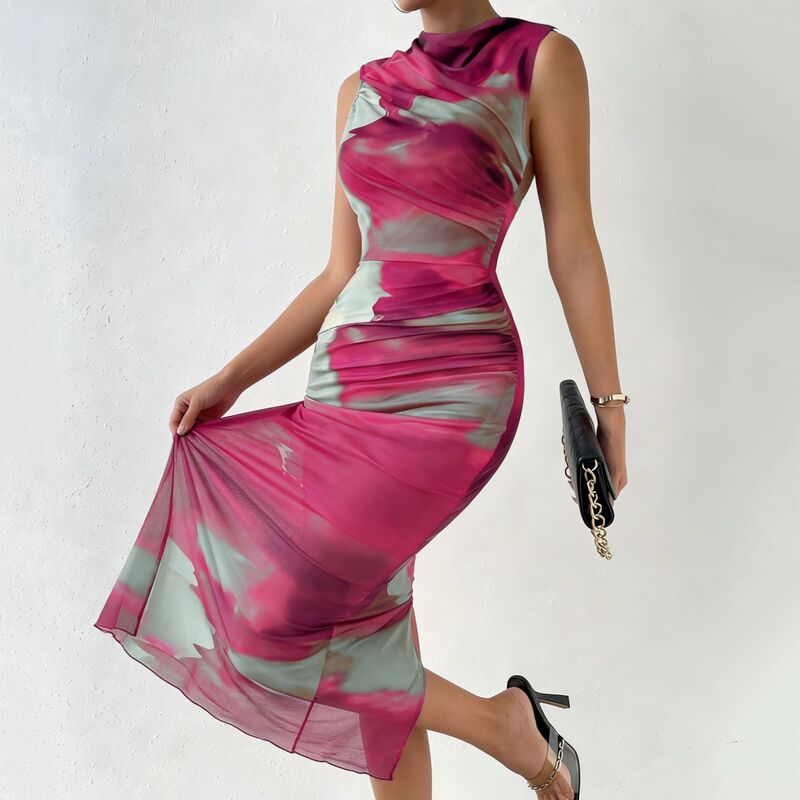 Summer Rose-Red Gradient Printed Dress, Sleeveless, Slim-Fitting, Elegant, Slimming, Hip-Hugging Long Dress for Nightclub Parties and Dates Summer Rose-Red Gradient Printed Dress, Sleeveless, Slim-Fitting, Elegant, Slimming, Hip-Hugging Long Dress for Nightclub Parties and Dates