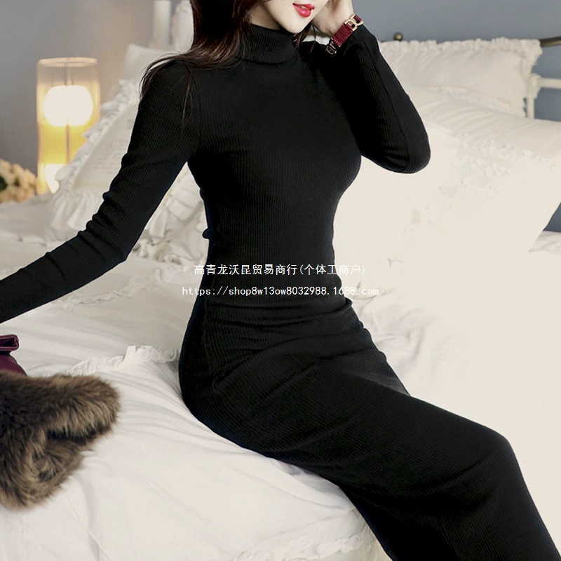 [Оптовая продажа] Свитер с высоким воротником, женское трикотажное платье, удлиненная облегающая рубашка выше колена, теплая нижняя рубашка