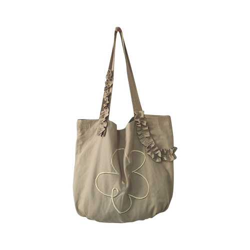 Amazon cross-border supply/fresh embroidered smiley face canvas bag women's tote bag pleated lace shoulder tote bag