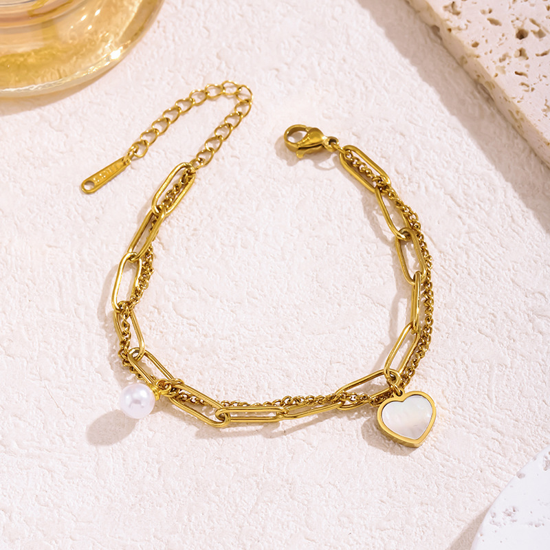 European and American Fashion Pearl Titanium Steel Bracelet Women's Love Shell Pendant Stainless Steel Bracelet Peach Heart Gold-plated Bracelet