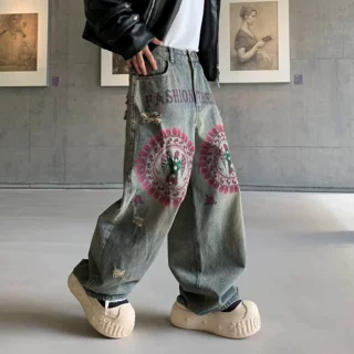 源头厂家烫钻牛仔裤垮垮裤2026年款春季高腰宽松显瘦印花老爹裤潮