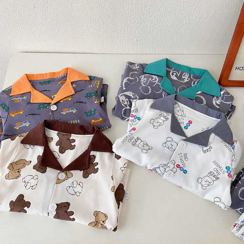 Hucai Autumn/Winter New Children's Cartoon Crew Neck Casual Comfortable 100% Cotton Open Front Pajama Set Home Clothing Set