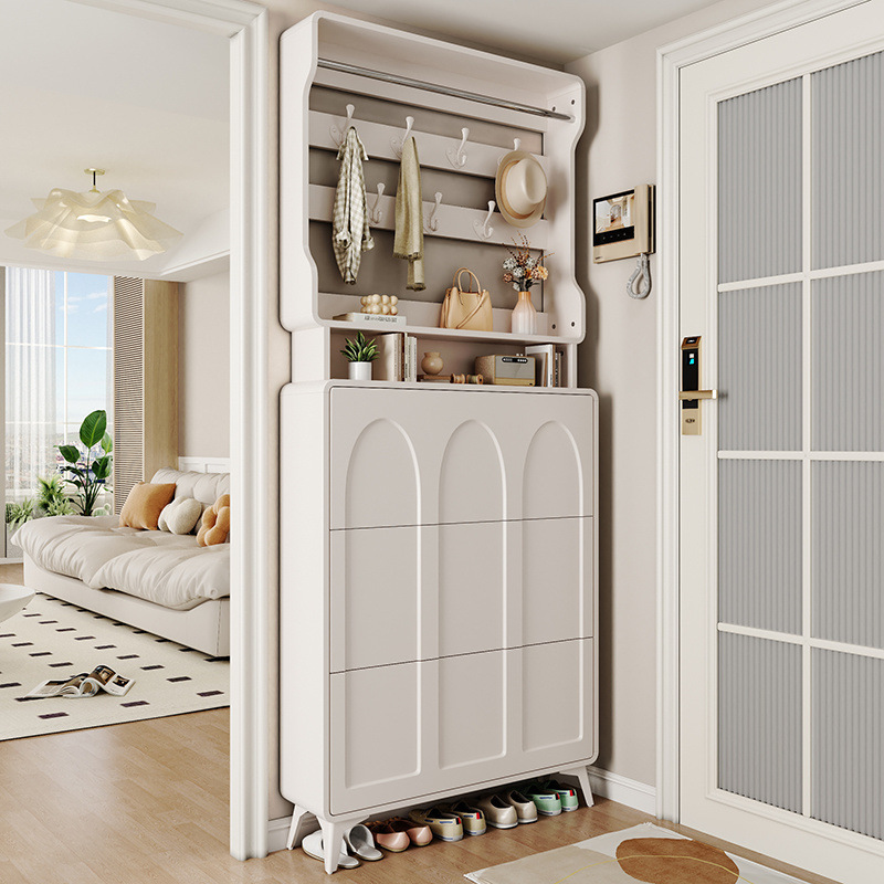 Cream-Colored Ultra-Thin Flip-Top Shoe Cabinet, Wall-Mounted at the Entrance, Integrated with a Clothes Rack for Home Use, Hallway Storage Shoe Rack
