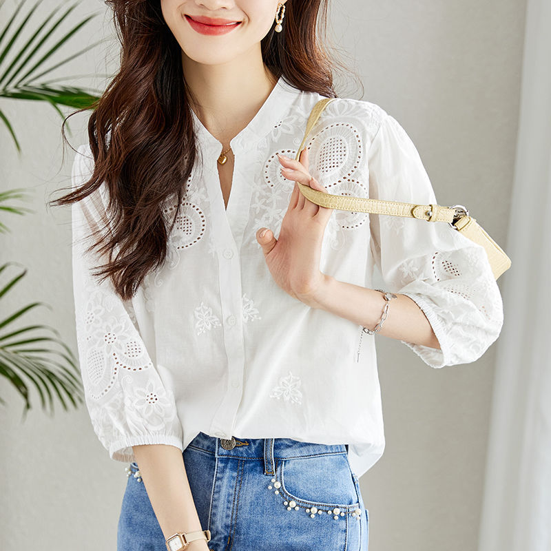 Chinese-Style Embroidered White Blouse for Women, Three-Quarter Sleeves, 2024 Autumn New Pure Cotton Top, Puff Sleeve Shirt, New Autumn Collection