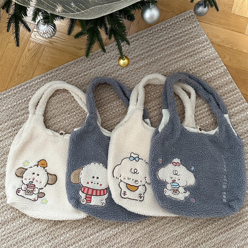 312201 Korean version ins Autumn/Winter Collection, fluffy single-shoulder bag, cute female dog embroidered large capacity tote bag Application Scenario