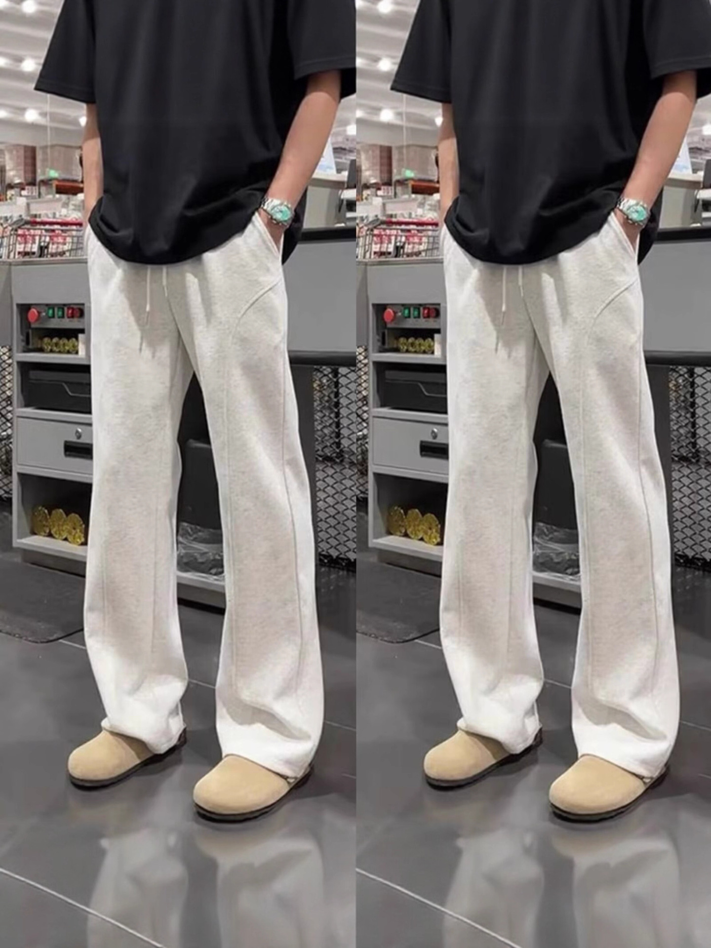 White Floral Gray Straight-Leg Curved Sweatpants for Men, Autumn and Winter Fleece-Lined Drape Sports Pants, American-Style Slanted Casual Flared Pants 5