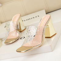318-2 Style Sexy h Rhinestone Pearl Square Head thick heel sandals open toe high heels transparent outer sandals female