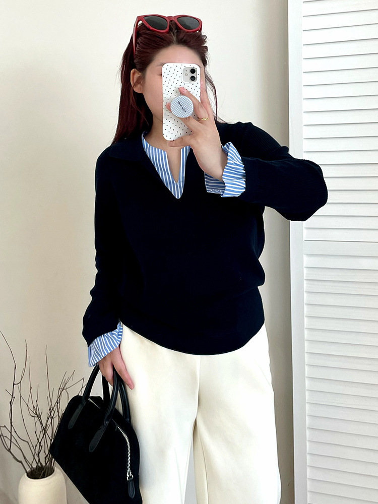 Plus-size women's POLO shirt with a patchwork style, a college-style top for women in the autumn of 2025, a casual knitted sweater for chubby girls 23216