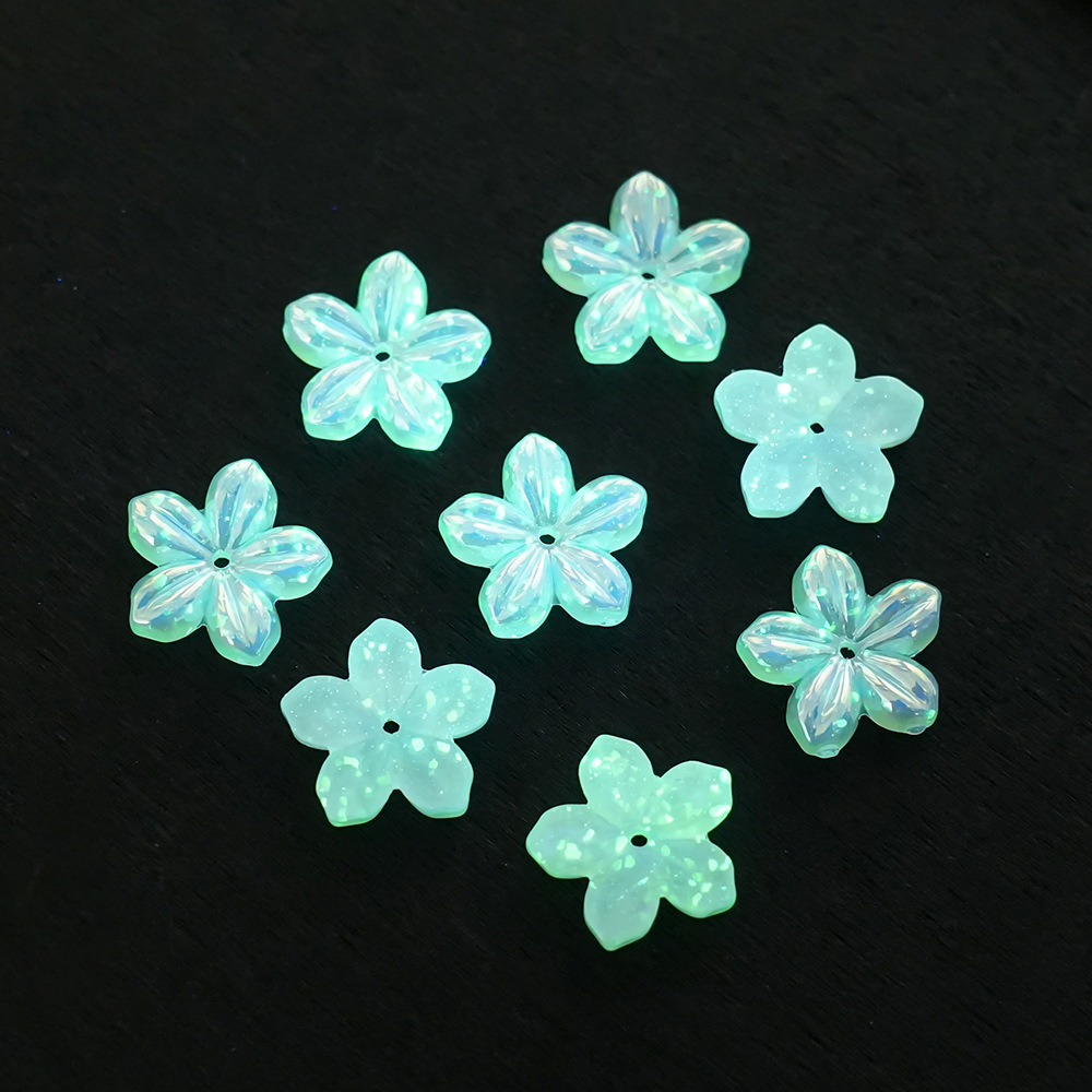 Flor luminosa de cinco pétalos, forma de flor con medio cuentas, pulsera diy, cadena para teléfono móvil, accesorios de joyería, cuentas de resina
