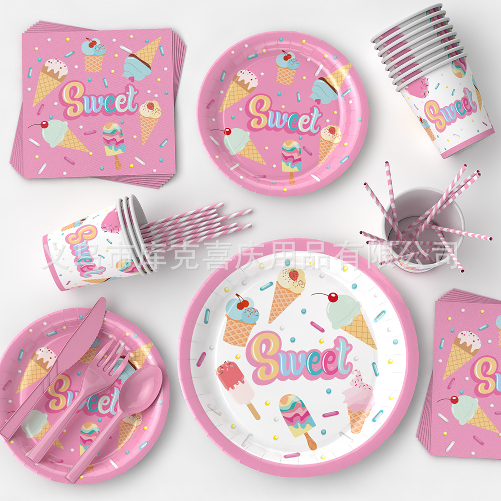 Verano helado postre tema plato desechable traje fiesta de cumpleaños de los niños plato de papel taza de papel decoración del tejido