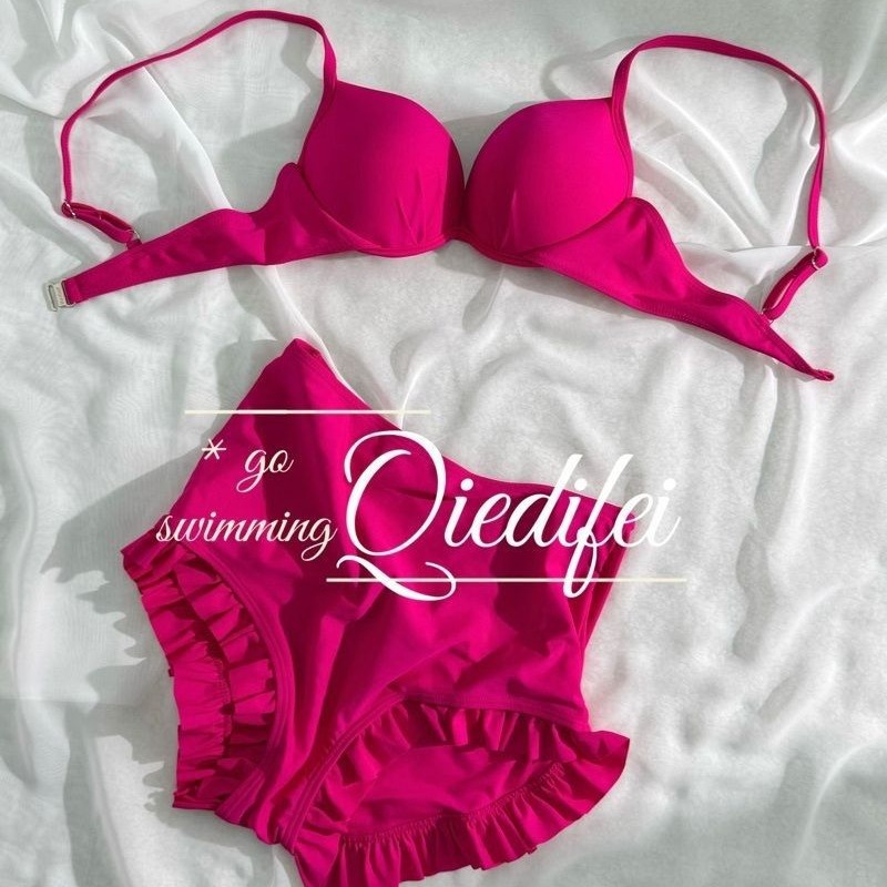 "Sweet Girl" Beach Vacation ins Bikini Pink Small Chest Push-up Blouse Sun Protection and Meat Covering Swimsuit Women