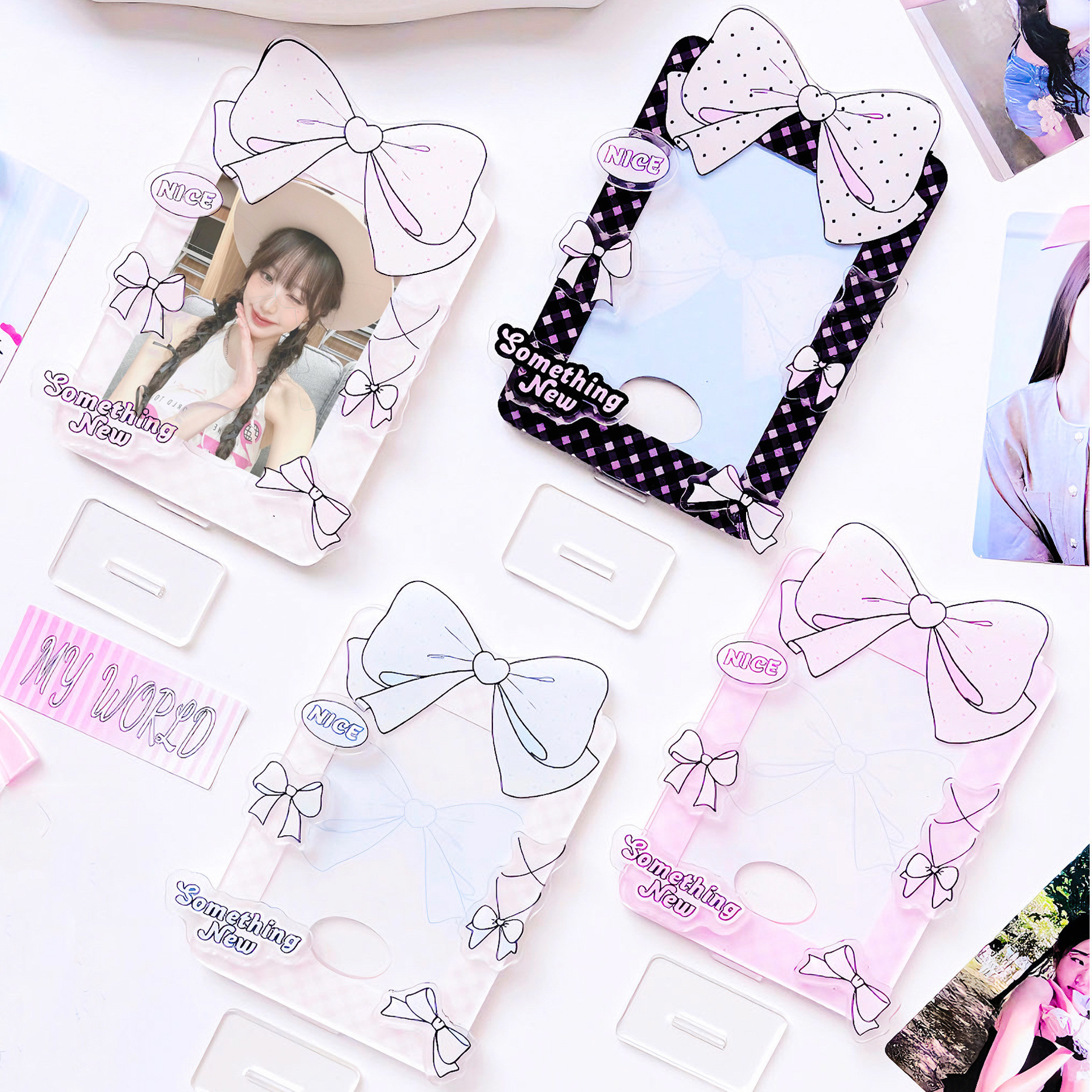 原创蝴蝶结芭蕾风小卡展示架立牌卡砖立牌拆拆乐桌面卡套保护卡套