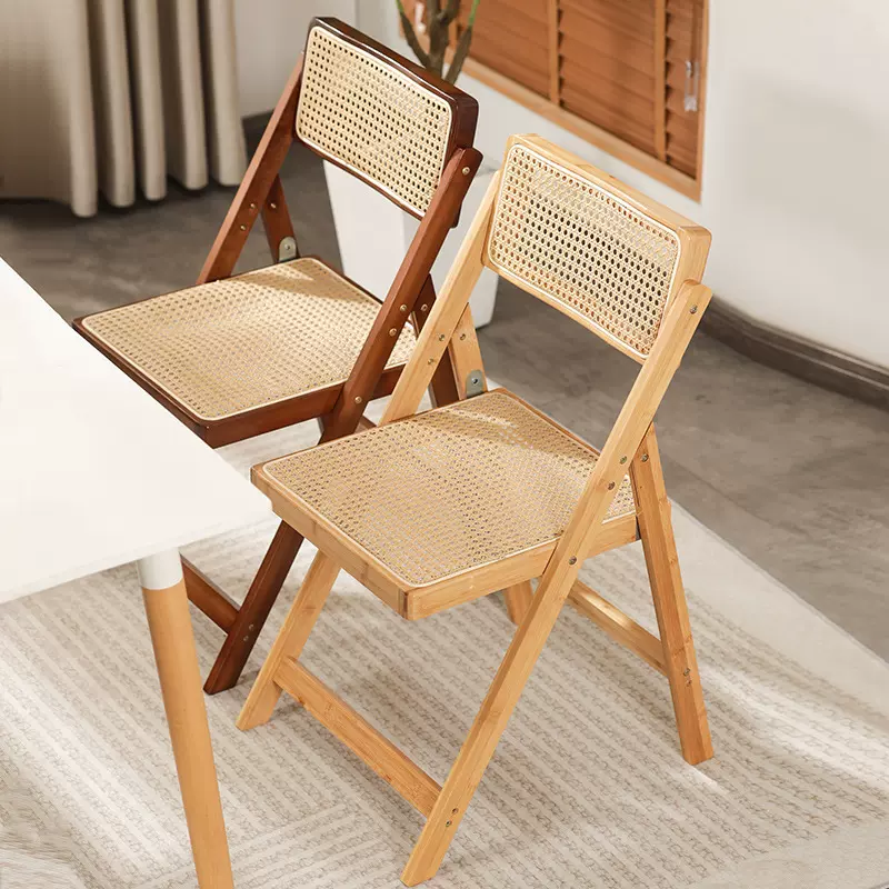侘寂风藤编椅子家用折叠椅楠竹实木凳子靠背餐椅北欧原木风吃饭椅