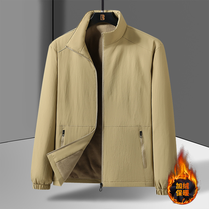 跨境2025秋冬新款加绒加厚夹克男防风保暖外套中老年立领休闲夹克