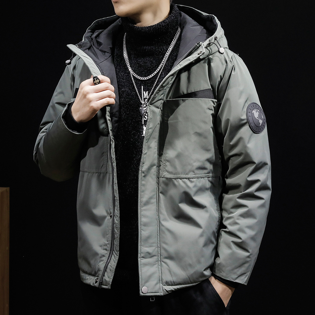 白鸭绒冬季连帽短款羽绒服男2023年新款宽松潮牌大码加厚工装外套