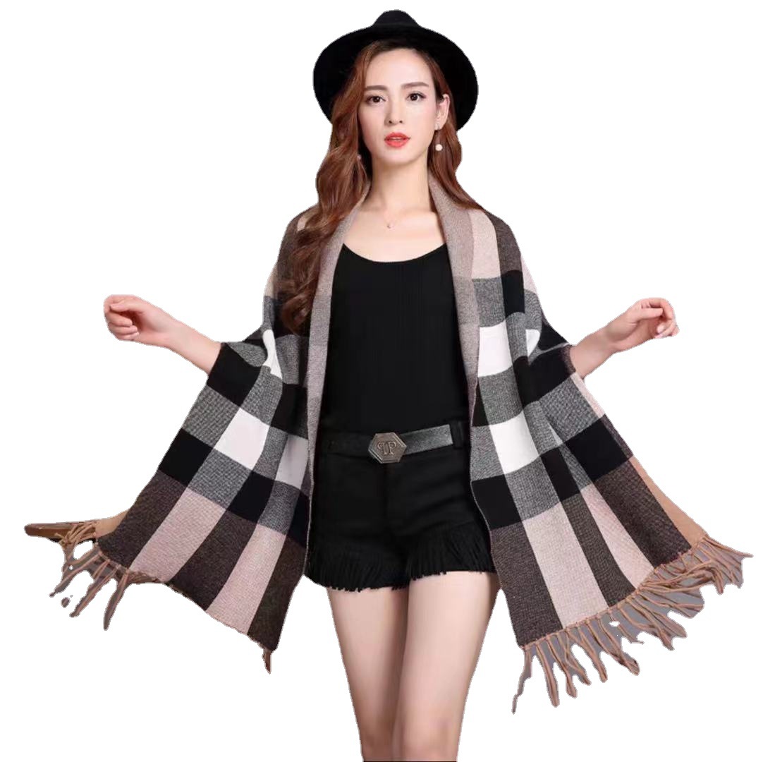 Mantella scialle con frange larghe lavorate a maglia, maglione con maniche a pipistrello, cardigan di grandi dimensioni per donna_voghion.com